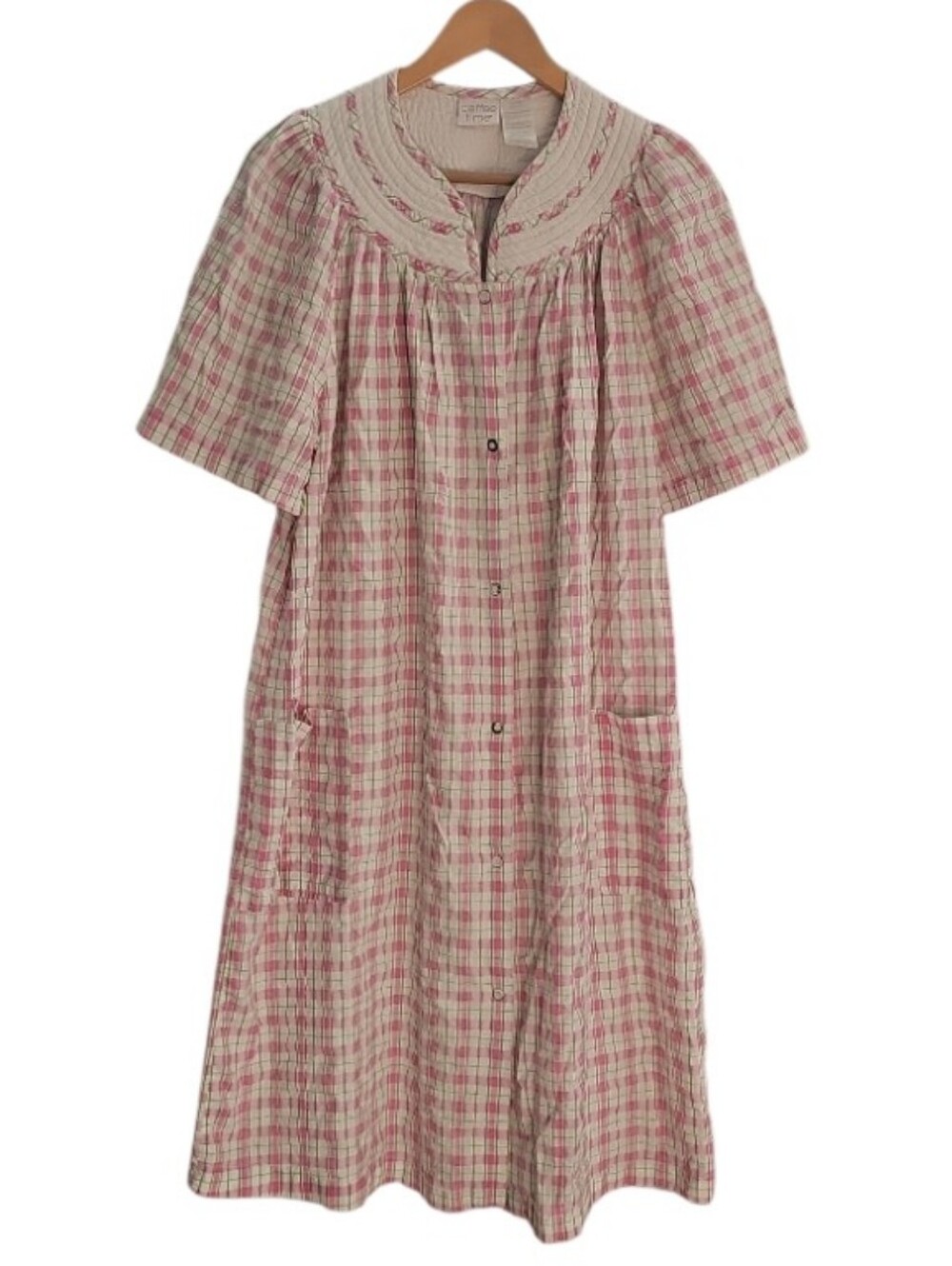 Coffee Time Plaid House Dress Women’s L Pink Cottagecore Button Front Lounger